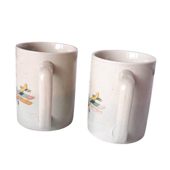 Set Of 2 Otagiri Coffee Mugs Vintage Biplane Design Beige Tones & Cloud Accents - Picture 5 of 8